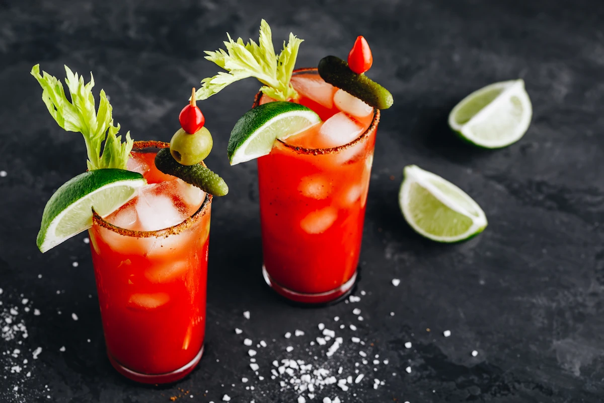 bloody mary with hanger and drop garnishes