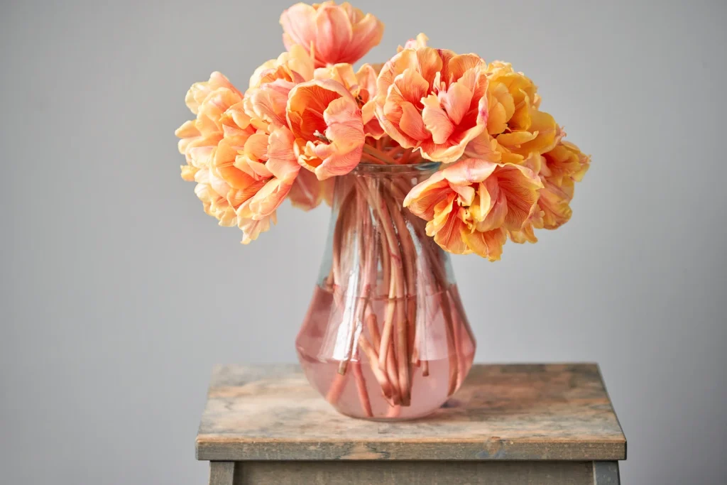 gorgeous orange tulips with flowers supported by vase