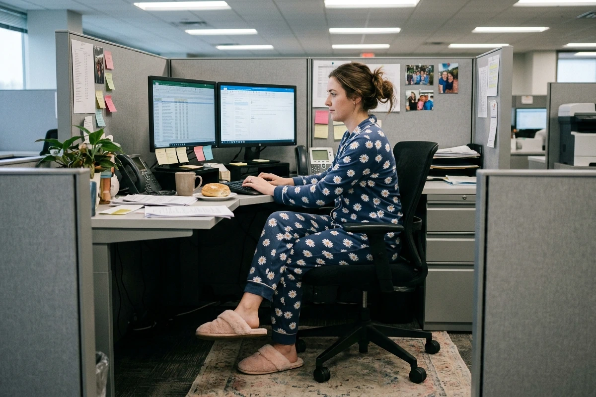 woman in pj and slippers at work april 16 wear pajamas to work day